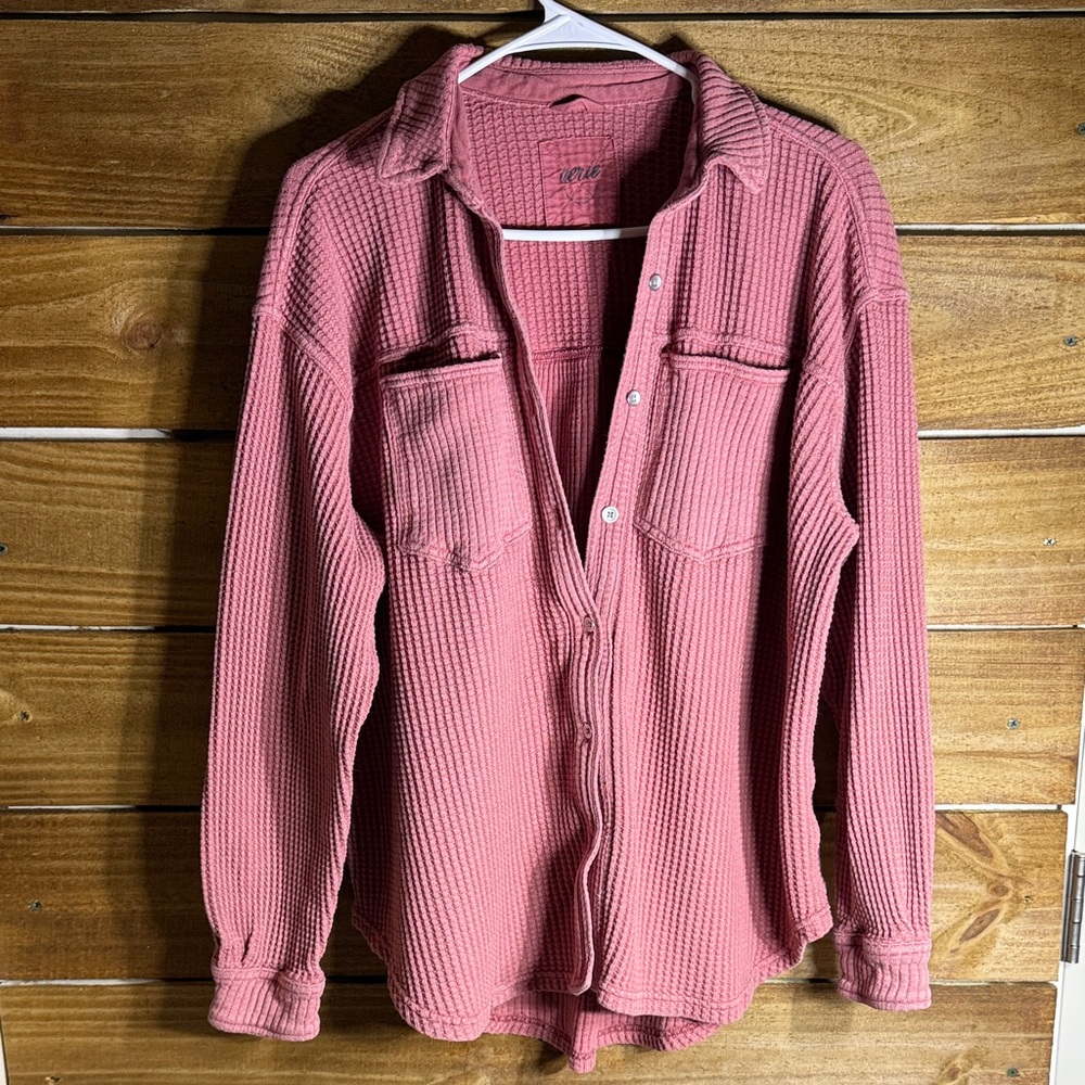 Aerie Pink Waffle Knit Button Down Shirt